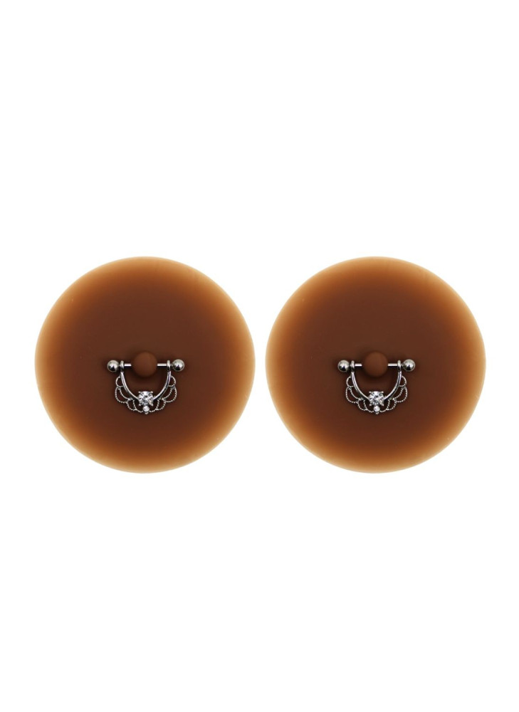 Paire de cache-tétons piercing barre demi-anneau faux diamant peau foncée - XP008F